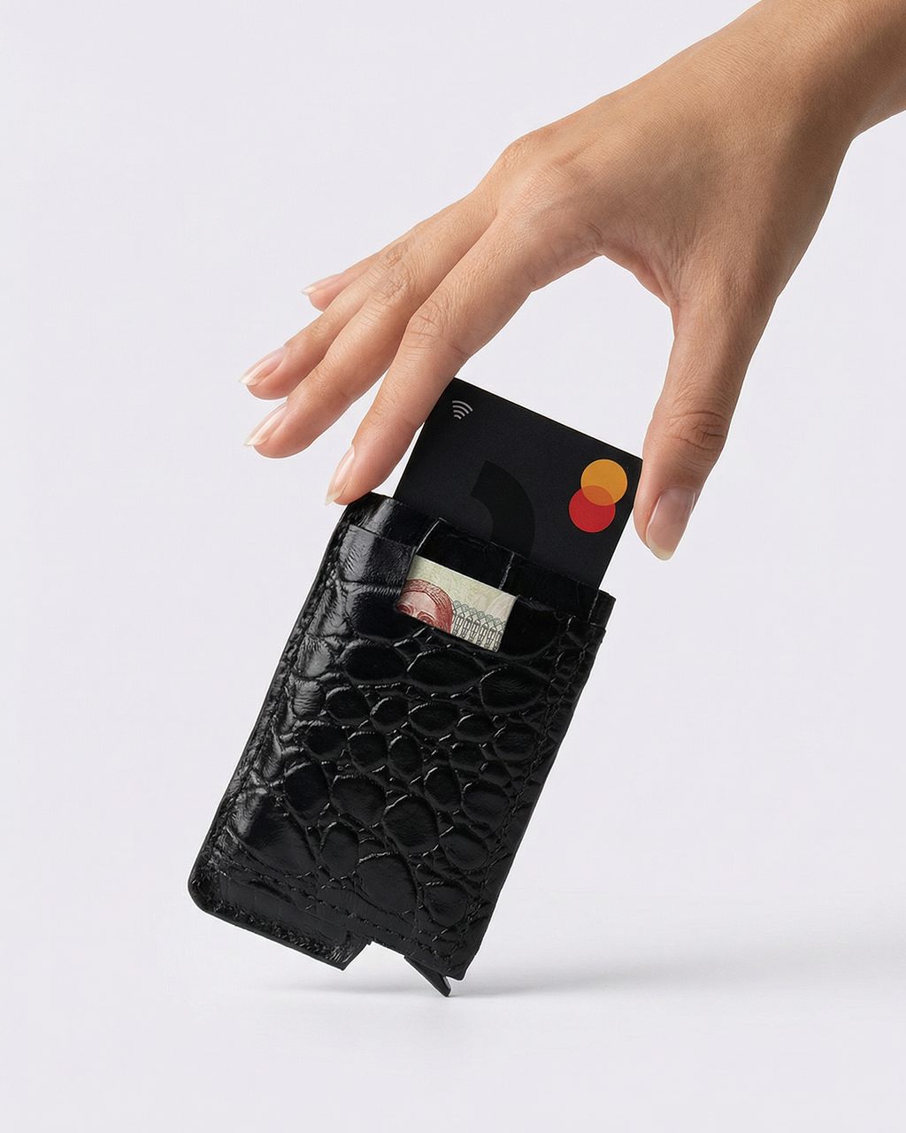 Croco Noir Core 01 Card Holder Side Slider Mechanism RFID/NFC Blocking